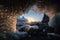 frozen cavern, with view of distant mountain range, and sunrise in the distance