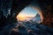 frozen cavern, with view of distant mountain range, and sunrise in the distance