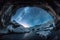 frozen cavern, with view of distant starry sky, and celestial bodies visible