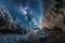 frozen cavern, with view of distant stars and galaxies, providing glimpse into the vastness of space