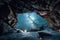 frozen cavern, with view of the night sky and stars visible through hole in the ceiling