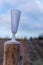 Frozen champagne glass left behind on a fence post after a party on new-year morning. Party leftover garbage in wintery landscape.