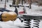 Frozen children playground after freezing rain