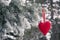 Frozen christmas tree and blurred snow with red heart. Love and