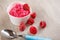 Frozen creamy ice yoghurt with whole raspberries