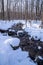 Frozen creek running through the woods, with snow covered rocks and logs. Taken in William O`Brien State Park Minnesota