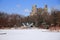 Frozen Delacorte theater with belvedere building on the back in Central Park