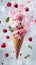 Frozen delight in a waffle cone, raspberry ice cream splash, a burst of berry flavor. dynamic food photography capturing