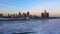 Frozen Detroit river with Renaissance center aerial view Winter Panorama at Sunset