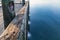 Frozen Ed Zorinsky lake surface around pier supports