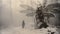 Frozen Encounter: A Man Confronts A Colossal Dragonfly Monster In The Snow