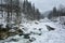 Frozen fast mountain Prut river in winter. Spring melting of ice