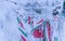 Frozen flag of Hungary in winter landscape on Madaras Harghita mountain