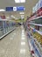 Frozen food cabinets and items on supermarket shelf UK