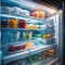 Frozen food in the refrigerator (freezer), salad preparations in containers in the refrigerator, meal preparations
