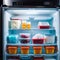 Frozen food in the refrigerator (freezer), salad preparations in containers in the refrigerator, meal preparations