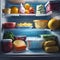 Frozen food in the refrigerator (freezer), salad preparations in containers in the refrigerator, meal preparations