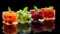 Frozen fruits in ice cubes on a black background with reflection. Generative AI