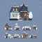 Frozen houses. Christmas winter buildings with snow cap from snowflakes amazing decoration buildings vector