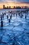 Frozen Hudson River, wood pilings and Jersey CitySkyscrapers at