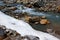 Frozen ice of Lachung river at Yumesamdong, Zero point, Sikkim, India. Altitude of 15,300 feet, last outpost of civilization and