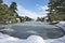 Frozen Kasumigaike pond in Kenrokuen, one of the most beautiful garden in Japan, in winter m