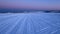 Frozen Lake Covered with Snow on a Winter Evening, with Snowmobile Tracks