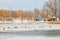 Frozen lake with geese surrounded by cabins