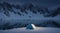 A frozen lake surrounded by snowy mountains, a lone tent at the edge, and snowfall creating a serene winter wonderland.