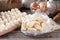 Frozen lazy dumplings, cottage cheese `lazy` dumplings in a bag on a wooden table