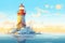 frozen lighthouse at sunrise with ice glistening around