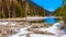Frozen log jam at Duffey Lake in the Coast Mountains in BC Canada