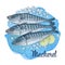 Frozen mackerel fish illustration. Cartoon vector fresh seafood icon on watercolor spot background
