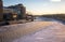 Frozen Moscow river in sunset