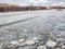 Frozen Moskva River near embankment in Moscow