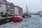 Frozen Nyhavn canal in Copenhagen, Denmark