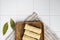 Frozen pancake on white ceramic squared tile table background, top view flat lay, with copy space for text