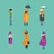 Frozen people standing in heavy rain and cold wind set vector illustration