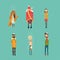 Frozen people in warm clothes walking in heavy rain and snowfall set vector illustration