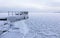 Frozen pier next to wintry lake