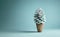 Frozen pine cone in the ice cream cone. Winter season conceptual background.