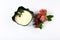 Frozen raspberry, blackberry, strawberries, yoghurt plate, mint leaves, on a white background top view, close up, set