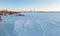 Frozen river Northern Dvina and Railway bridge in Arkhangelsk, Russia. Winter shot.