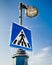 Frozen road sign for pedestrians with the street lamp above