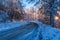 Frozen road in a snowy forest at sunset