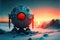 Frozen robot on ice planet illustration generative ai
