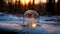 Frozen soap bubble. A crystal ball on the snow with a sunset in the background.