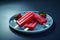 Frozen strawberry popsicles on plate. AI generative