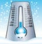 Frozen thermometer. Cold winter illustration with falling snowflakes.