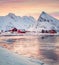 Frozen Torsfjorden fjord. Fantastic winter view of Fredvang village, Lofoten Islands